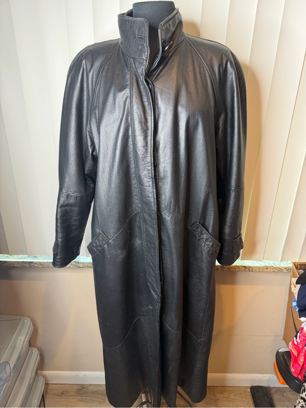 Winlit Vintage Long Black Leather Trench Coat Classic Timeless Style SZ Medium
